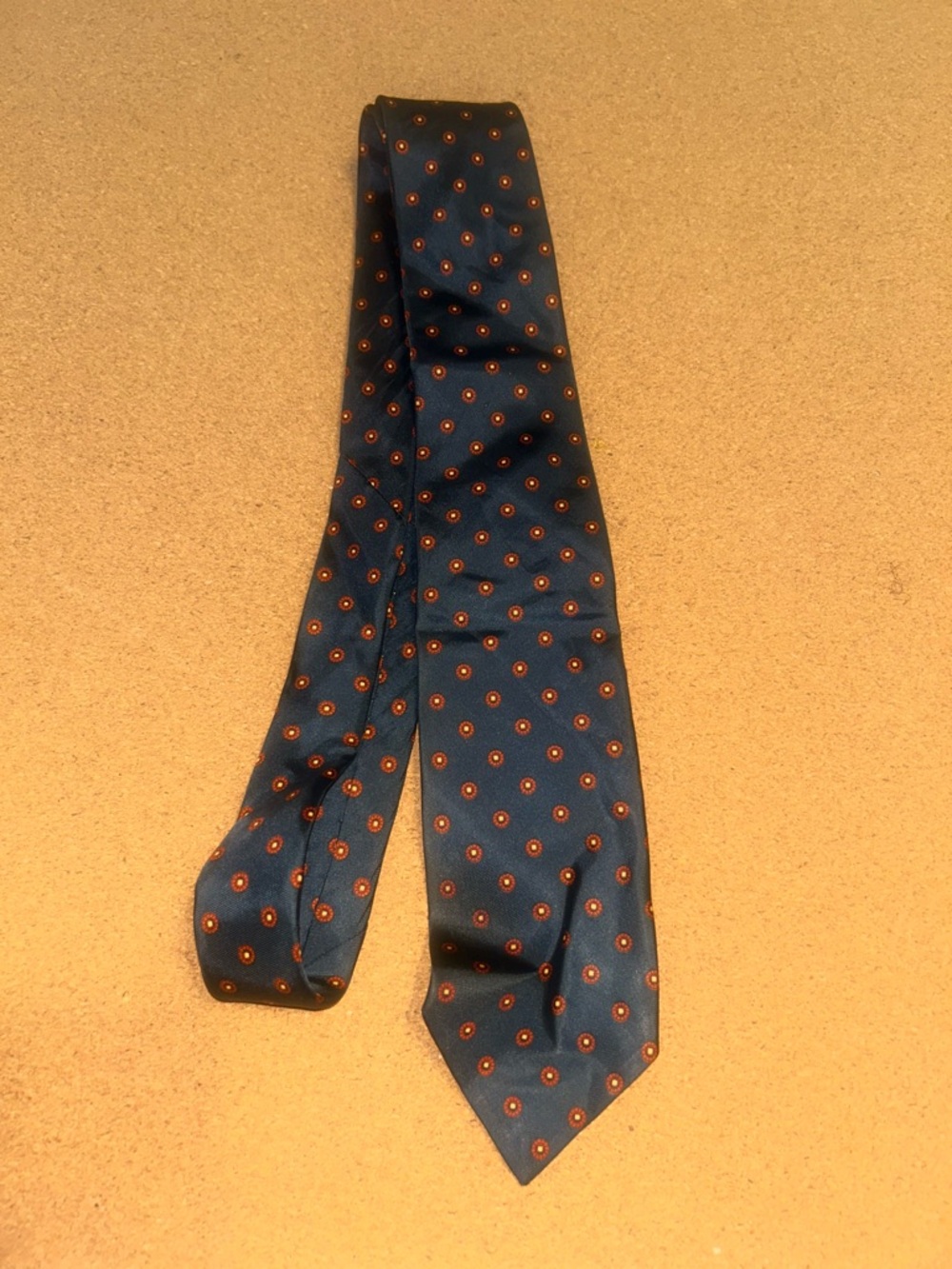 Classic Navy Blue Men's Tie with Orange Dot Pattern
